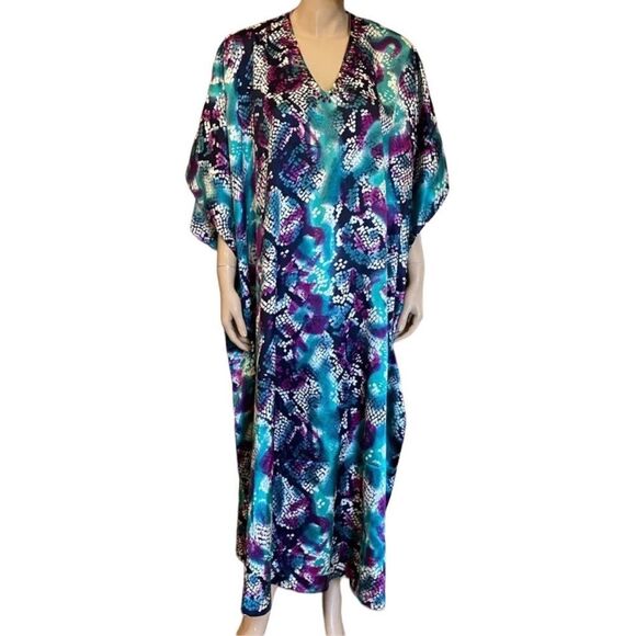 Vintage Caftan Maxi Dress Jewel Tone Beaded Neckline Kimono One Size - Picture 1 of 9